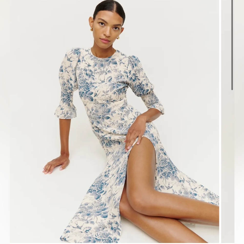 Reformation Carolena Blue and Cream Floral Long Sleeve Dress